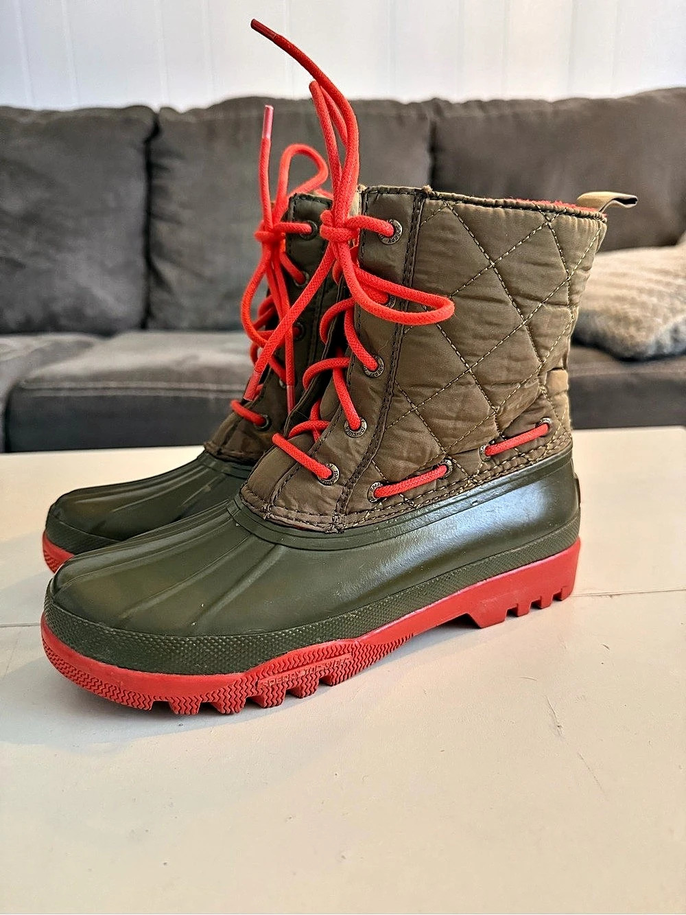 Sperry Salt Top-Sider Olive Green Coral Orange Quilted Duck Rain Boots Fleece